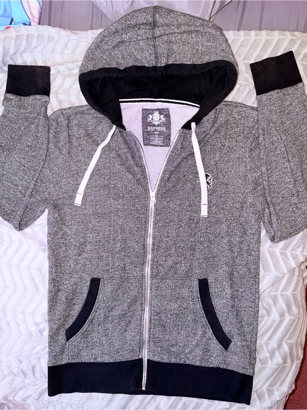 Express Men’s Heather Gray Zip-Up Hoodie with Black Accents